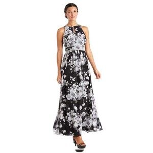 R & M Richards Women's Floral-Print Halter Gown -blackwhite with rhinestones SZ6
